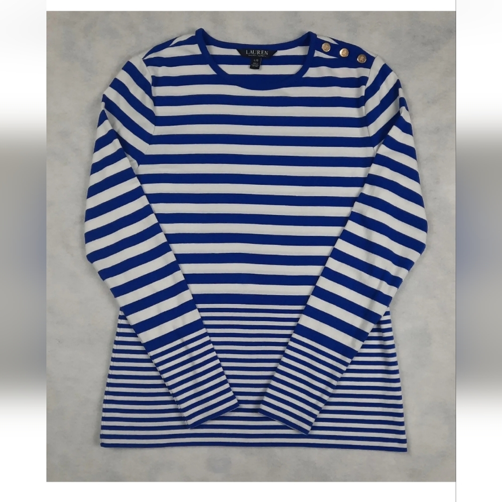 Lauren Ralph Lauren Black Lable Women's Large Blue Striped Long Sleeve S…